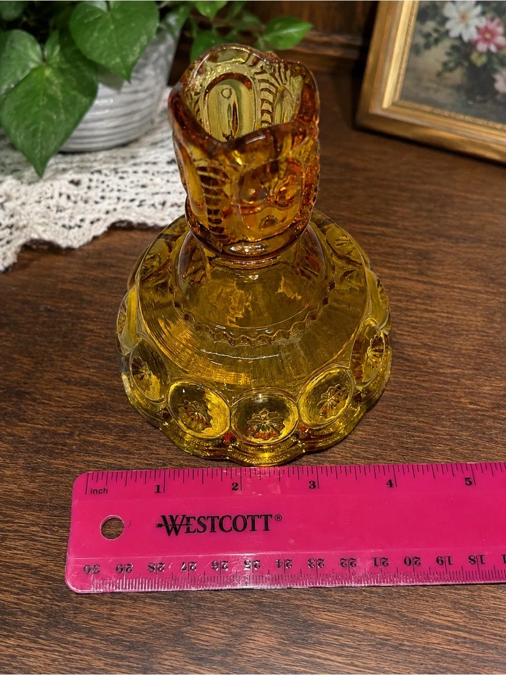 Pair Vintage Amber Glass Candle Holders Pressed Glass Daisy Button